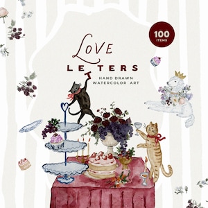 May include: Watercolor illustration titled "Love Letters" featuring a table set with a tiered serving tray, cake, and floral arrangements. A black cat, a tabby cat, and a poodle are depicted. The image includes the text "100 Items".