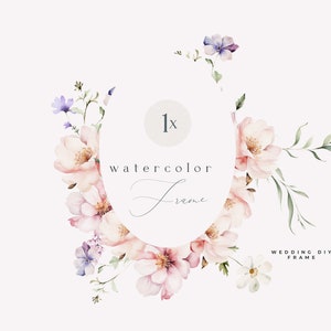 Op de afbeelding: Een aquarel bloemenframe met roze en witte bloemen, groene bladeren en paarse bloemen. Het frame is ovaalvormig en heeft de tekst "1x aquarel frame" in het midden.