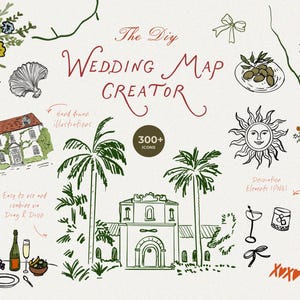 Creador de mapas de boda DIY - Iconos de boda con arte lineal - Imágenes prediseñadas de mapas de boda - Imágenes prediseñadas de bodas de destino - Tarjetas de boda DIY - Creador de escenas