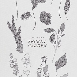 May include: A set of 14 black and white line drawings of various flowers, leaves, and a bird. The illustrations are intricate and detailed, perfect for creating a secret garden theme.