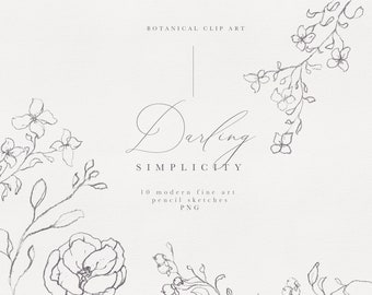 Botanical line art, fine art botanical, floral pencil sketch, line art flower, hand sketched floral clip art, fine art wedding clipart