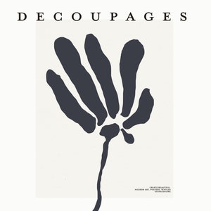 Op de afbeelding: Zwart-witte silhouet van een gestileerde bloem met vijf bloemblaadjes. De tekst "DECOUPAGES" staat bovenaan de afbeelding. De tekst "CREATE BEAUTIFUL MODERN ART, POSTERS, TEXTILES OR PACKAGING" staat onderaan de afbeelding.