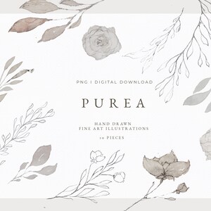 May include: A set of 10 hand-drawn watercolor illustrations featuring delicate branches, leaves, and roses in shades of gray. PNG | DIGITAL DOWNLOAD PUREA HAND DRAWN FINE ART ILLUSTRATIONS 10 PIECES