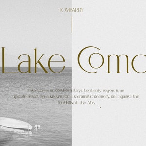 May include: A black and white photograph of Lake Como in the Lombardy region of Italy. The text "Lake Como" is written in a serif font. The text below describes Lake Como as an upscale resort area known for its dramatic scenery set against the foothills of the Alps.