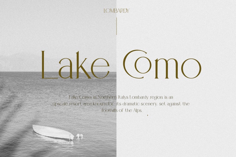 May include: A black and white photograph of Lake Como in the Lombardy region of Italy. The text "Lake Como" is written in a serif font. The text below describes Lake Como as an upscale resort area known for its dramatic scenery set against the foothills of the Alps.