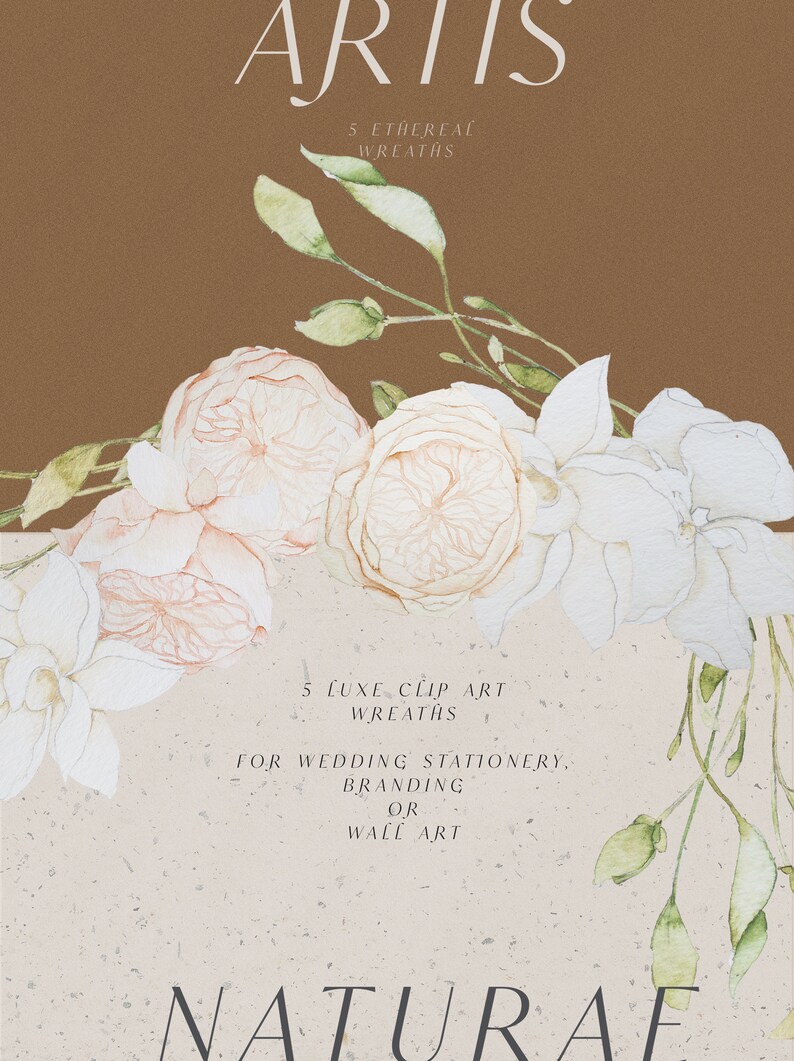 Op de afbeelding: Vijf aquarelbloemkransen met witte en perzikkleurige bloemen en groene bladeren. De tekst "ARTIS 5 ETHEREAL WREATHS 5 LUXE CLIP ART WREATHS FOR WEDDING STATIONERY, BRANDING OR WALL ART NATURAE" staat in zwarte tekst op een bruine en beige achtergrond.
