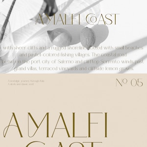 May include: A graphic design featuring the text "AMALFI COAST" in a gold serif font. The text is set against a light beige background with a black and white image of lemons and a shadow of a plant in the background. The text "No 05" appears in the top right corner of the image.