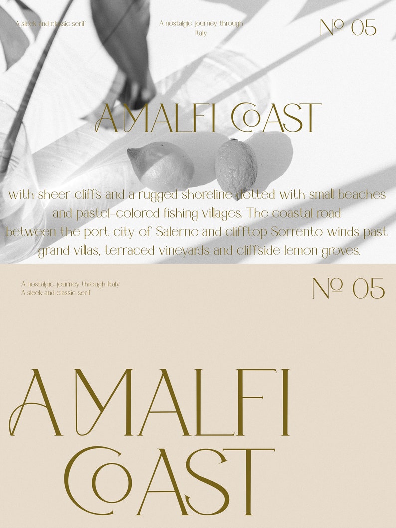 May include: A graphic design featuring the text "AMALFI COAST" in a gold serif font. The text is set against a light beige background with a black and white image of lemons and a shadow of a plant in the background. The text "No 05" appears in the top right corner of the image.