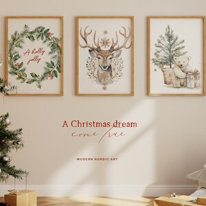 May include: Three framed watercolour prints with a Christmas theme. The prints feature a holly wreath, a deer with antlers, and a polar bear with a Christmas tree. The text "A Christmas dream come true" is below the prints.