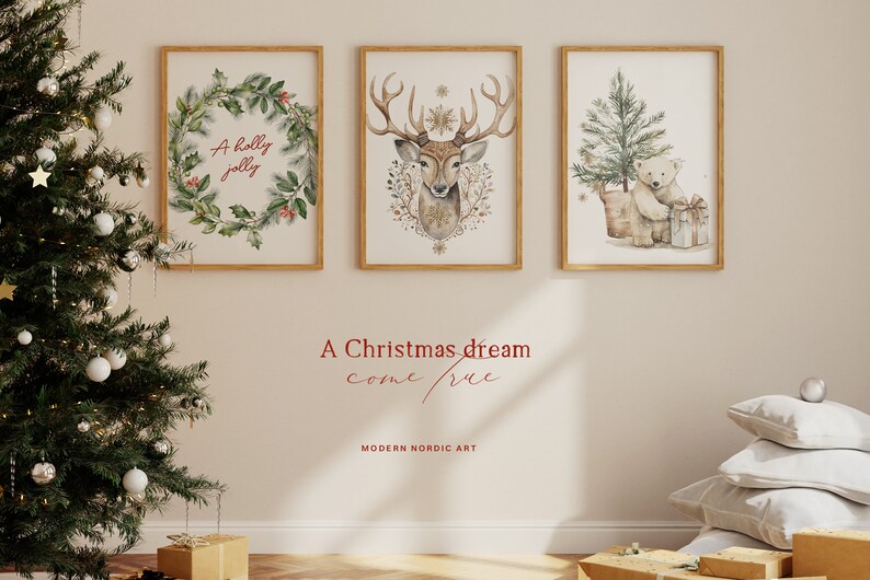 May include: Three framed watercolour prints with a Christmas theme. The prints feature a holly wreath, a deer with antlers, and a polar bear with a Christmas tree. The text "A Christmas dream come true" is below the prints.