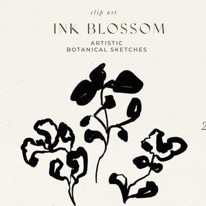 Könnte beinhalten: Schwarz-weiß-Tintenillustration von drei stilisierten Blumen. Die Blumen sind in einem einfachen, abstrakten Stil gezeichnet, mit kräftigen Linien und Formen. Die Illustration ist perfekt, um jedem Projekt einen Hauch von Natur zu verleihen.
