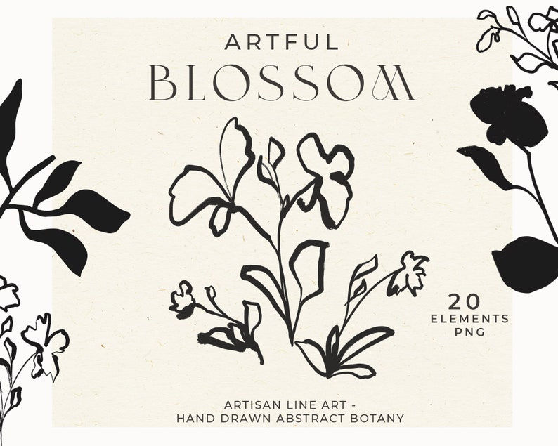 Abstract Botanical Illustration, Abstract Floral Clip Art, Fine Art Flower Drawing, Line Art Flower Clip Art, Hand Drawn Botanical Clip Art image 1
