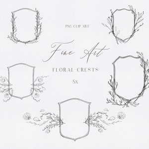 Fine art botanical clip art - fine art wedding - floral crest - botanical wreath clipart - classic wedding crest - calligraphy flowers PNG