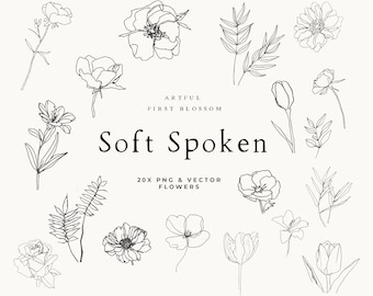 Clip art botânico de belas artes - casamento de belas artes - ilustração de flor abstrata - flor de arte de linha simples PNG - esboço de flor de vetor moderno