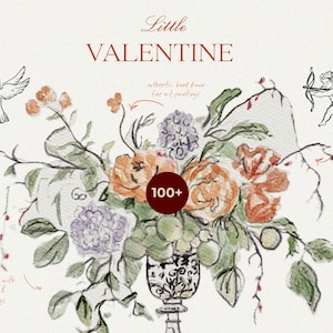 May include: A digital illustration of a bouquet of flowers in a vase with a heart and two birds on either side. The text "Little Valentine" is at the top of the image. The text "100+" is in a red circle in the center of the image.