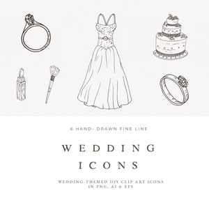 May include: Six hand-drawn wedding icons in black and white line art. The icons include a wedding dress, a cake, two rings, lipstick, and a makeup brush.