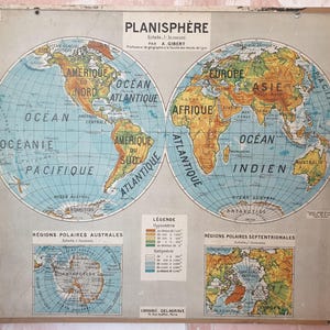 Planisfero, mappa del mondo / Mappa del mondo - Mappa della vecchia scuola Delagrave Gibert 7, 1930 / Mappa della vecchia scuola