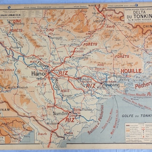 Indocina, Tonchino / Indocina (colonie francesi) - Mappa della vecchia scuola Vidal-Lablache 45, 1930 / Mappa della vecchia scuola