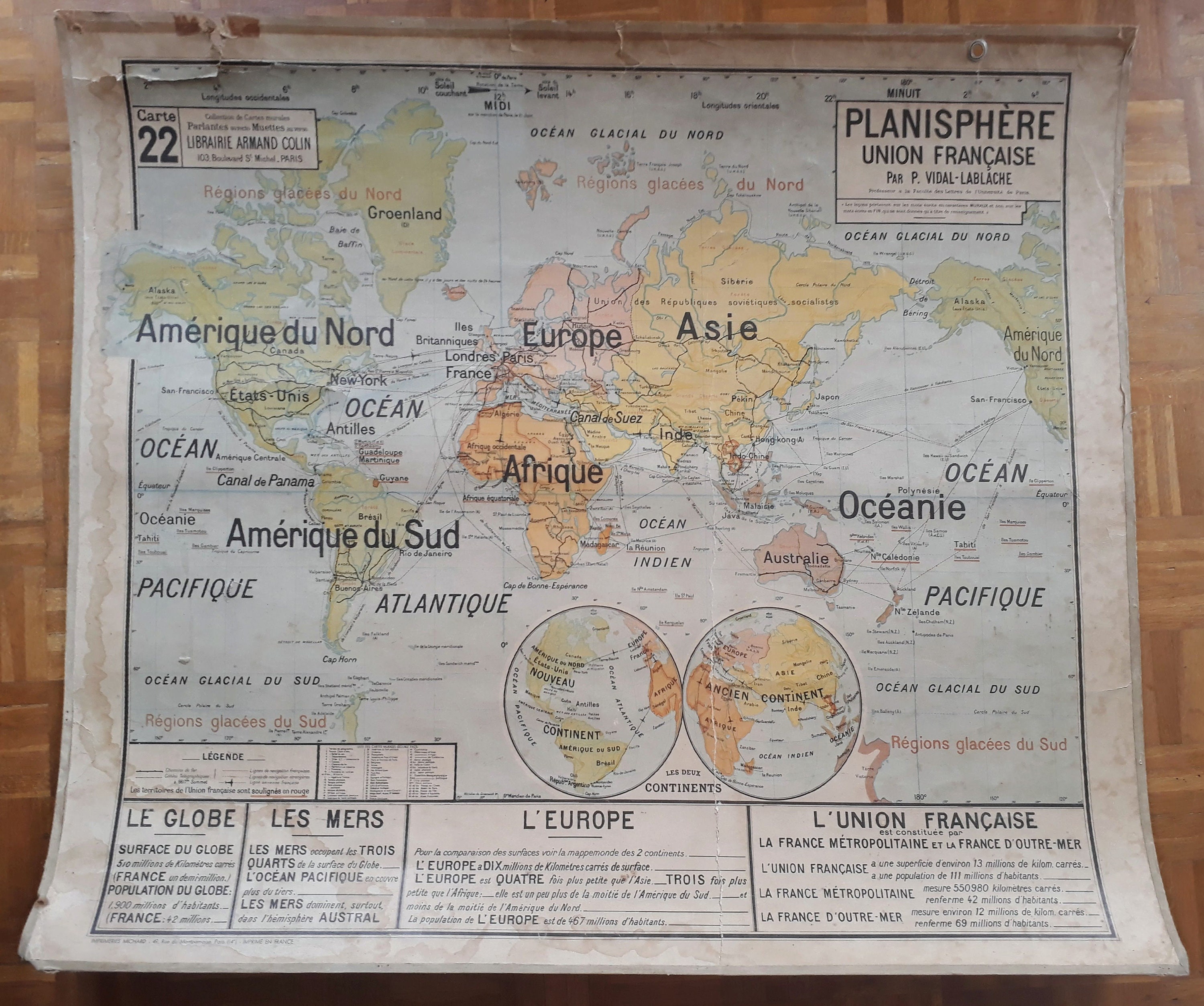 Planisphère Monde/World, French Colonies - Ancienne Carte Vidal-Lablache 22, 1940 Old School Map