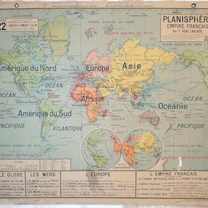 Planisfero dell'Impero francese / Impero coloniale francese - Mappa della vecchia scuola Vidal-Lablache 22, 1930 / Mappa della vecchia scuola