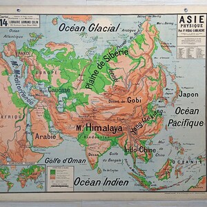 Asie physique / Physical Asia - Ancienne carte scolaire Vidal-Lablache 14, 1940 / Old school map