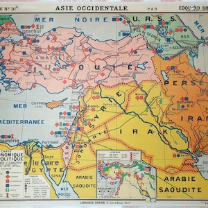 Asie occidentale / Western Asia- Ancienne carte scolaire Hatier Bruley 16, 1950 / Old school map