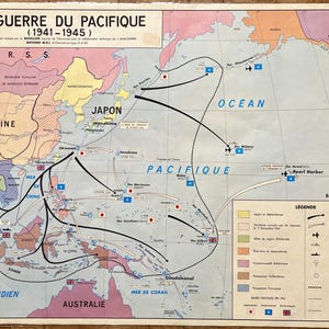 Guerra mondiale 39-45, Sbarco, Pacifico - Vecchia mappa scolastica Storia MDI, 1964 / Vecchia mappa scolastica