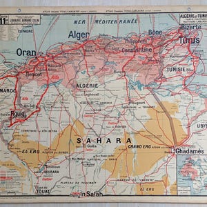 Algérie, Tunisie politiques et physiques / Algeria, Tunisia - Ancienne carte scolaire Vidal-Lablache 11, 1946 / Old school map