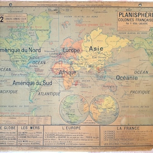 Planisfero Colonie francesi / Impero coloniale francese - Mappa vecchia scuola Vidal-Lablache 22, 1910 / Mappa vecchia scuola