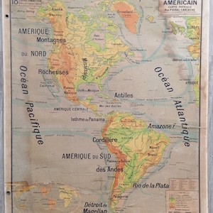 Continent américain, Amérique / America - Ancienne carte scolaire Vidal-Lablache 18, 1930 / Old school map