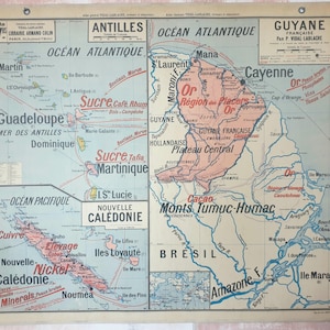 Africa Occidentale Francese, Antille / Africa Occidentale Francese, Guyana - Vecchia mappa scolastica Vidal-Lablache 37, T27, 1930 / Vecchia mappa scolastica
