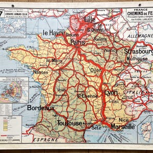 France chemins de fer / Railways and waterways - Ancienne carte scolaire Vidal-Lablache 7, 1940 - Old school map