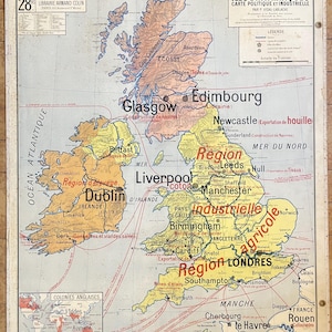 Iles britanniques, Angleterre / England - Ancienne carte scolaire Vidal-Lablache 21, 1930  / Old school map