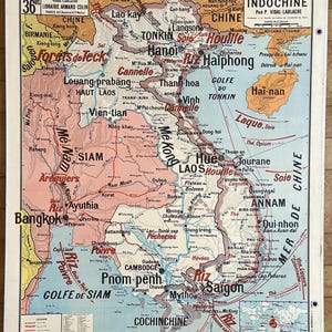Indocina, Madagascar / Indocina, colonie francesi - Vecchia mappa scolastica Vidal-Lablache 36, 1940 / Vecchia mappa scolastica