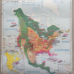 North America, Asia / Amérique du nord, Asie économiques- Ancienne carte scolaire MDI 15-16, 1960 / Old school map