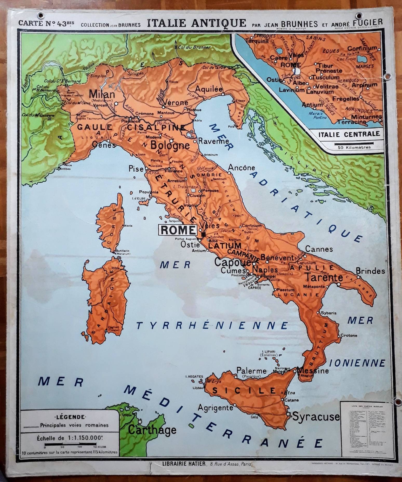 Italie et Grèce Antiques - Ancienne Carte Scolaire Hatier 43, Collection Brunhes Fugier