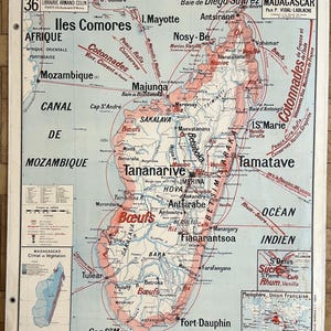 Madagascar, Indocina / Indocina, colonie francesi - Vecchia mappa scolastica Vidal-Lablache 36, 1950 / Vecchia mappa scolastica