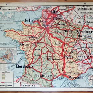 France chemins de fer / Railways and waterways - Ancienne carte scolaire Vidal-Lablache 7, 1940 - Old school map