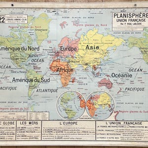 Planisphère Union française / French colonial empire - Ancienne carte scolaire Vidal-Lablache 22, 1940 / Old school map