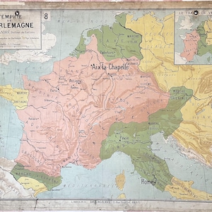 Monde arabe, Empire Charlemagne / Arab world - Ancienne carte scolaire Delagrave 7-8, 1950 / Old school map
