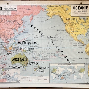 Oceania / Oceania, Australia - Vecchia mappa scolastica Vidal-Lablache 21, 1930 / Vecchia mappa scolastica