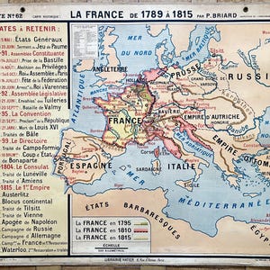 Rivoluzione francese, Napoleone (1789-1815) - Vecchia mappa scolastica Hatier 62, 1950 / Vecchia mappa scolastica