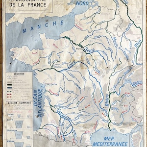 France fleuves, Méditerranée / French rivers, Mediterranean - Ancienne carte scolaire MDI 5-6, 1960 / Old school map