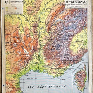 France Alpes Corse / Alps, Corsica, Mediterranean - Ancienne carte scolaire Vidal-Lablache 62, 1950 - Old school map
