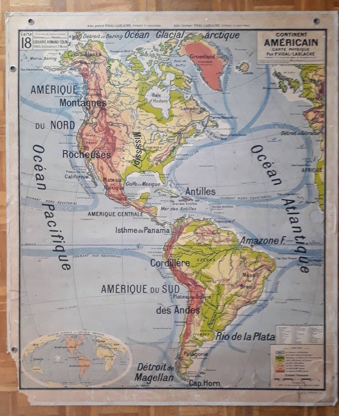 Continent Américain/Physical American Continent - Ancienne Carte Scolaire Vidal-Lablache 18, 1950 Ol