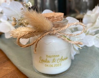 Personalized baptism, wedding or communion candle with dried flowers