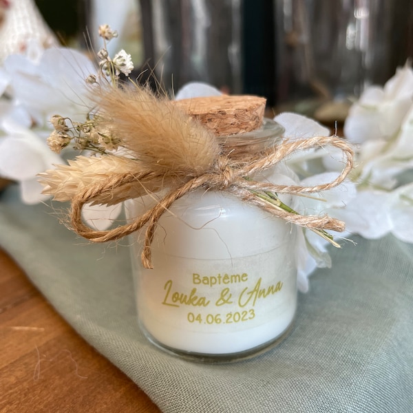 Bougie personnalisée baptême, mariage ou communion avec fleurs séchées