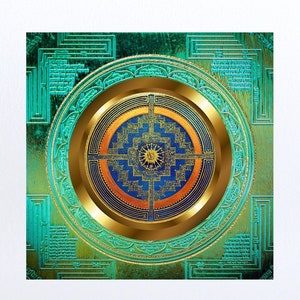 May include: A gold mandala with a blue centre surrounded by a green and gold geometric pattern. The mandala is framed by a square with a green background and gold accents.