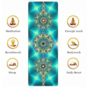 May include: A yoga mat featuring a blue and gold mandala design. The mat is divided into five sections, each with a different symbol representing a different type of yoga practice: meditation, breathwork, bodywork, sleep, and daily reset.