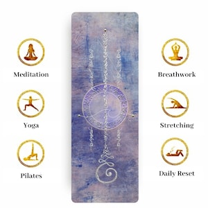 May include: A yoga mat with a blue and purple background and a silver mandala design. The mat has a variety of icons representing different types of exercise, including meditation, yoga, pilates, stretching, breathwork, and daily reset.